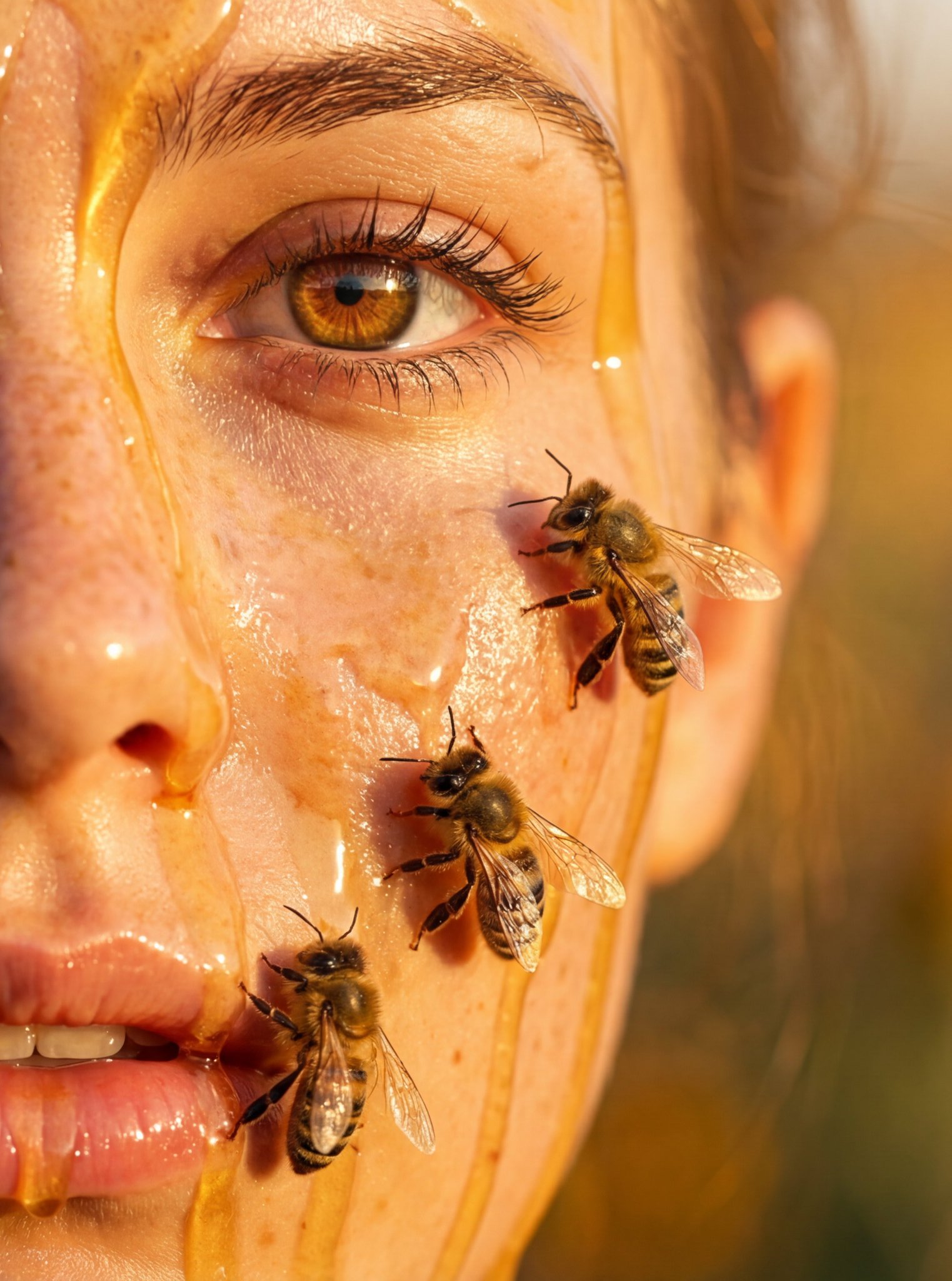 Hyper-Realistic Close-Up of Woman Covered in Bees