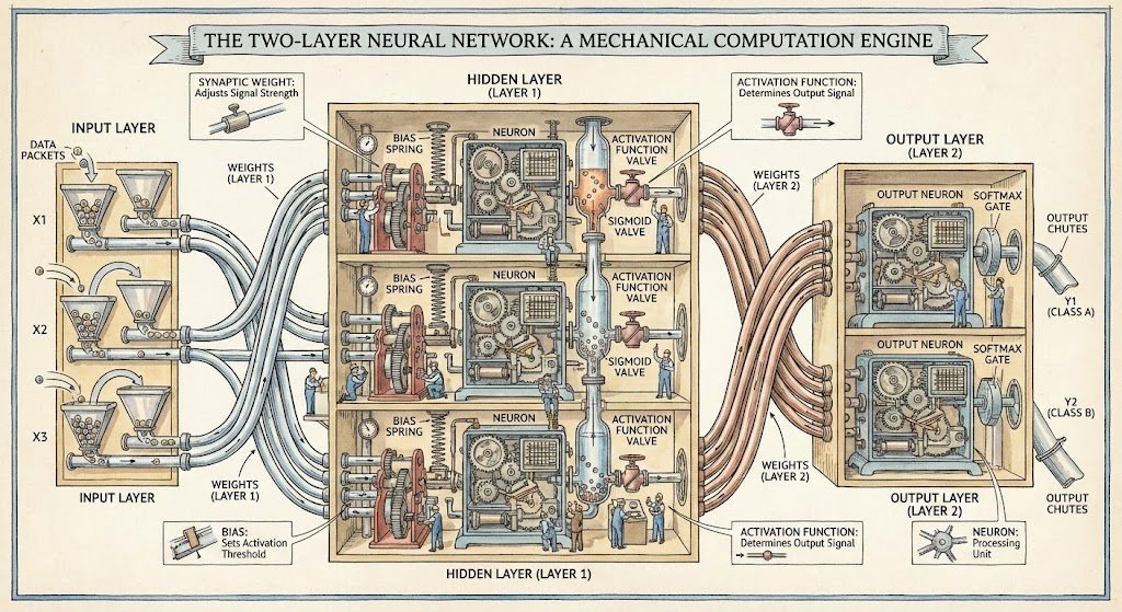 Stephen Biesty Style Double-Layer Neural Network Diagram