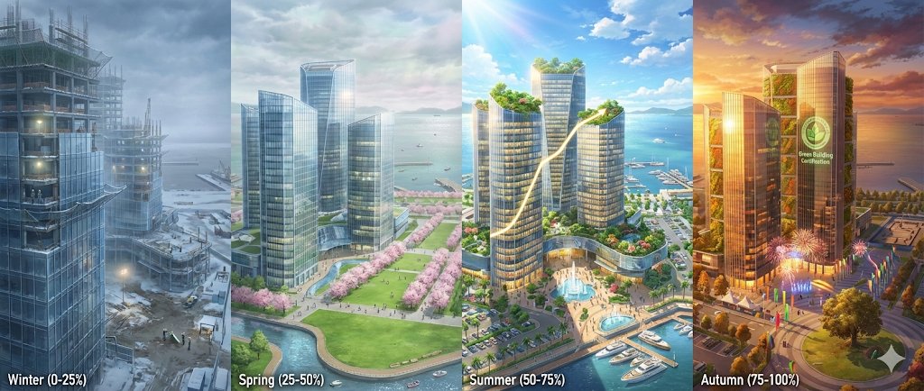 超现实主义时光流转艺术:建筑四季循环全景叙事