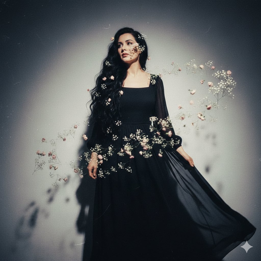 复古颗粒感明亮图像,搭配长黑裙及浪漫花饰