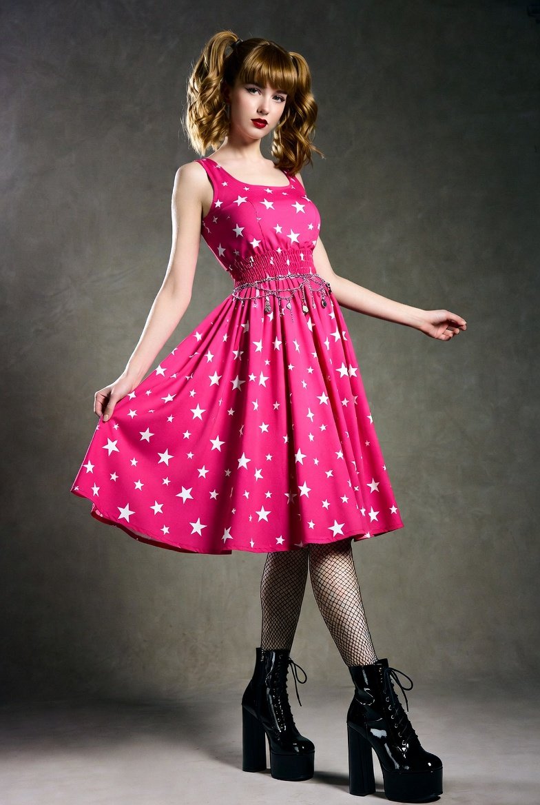 Hot Pink Long-Sleeve Dress with White Star Print and Decorative Chain Belt