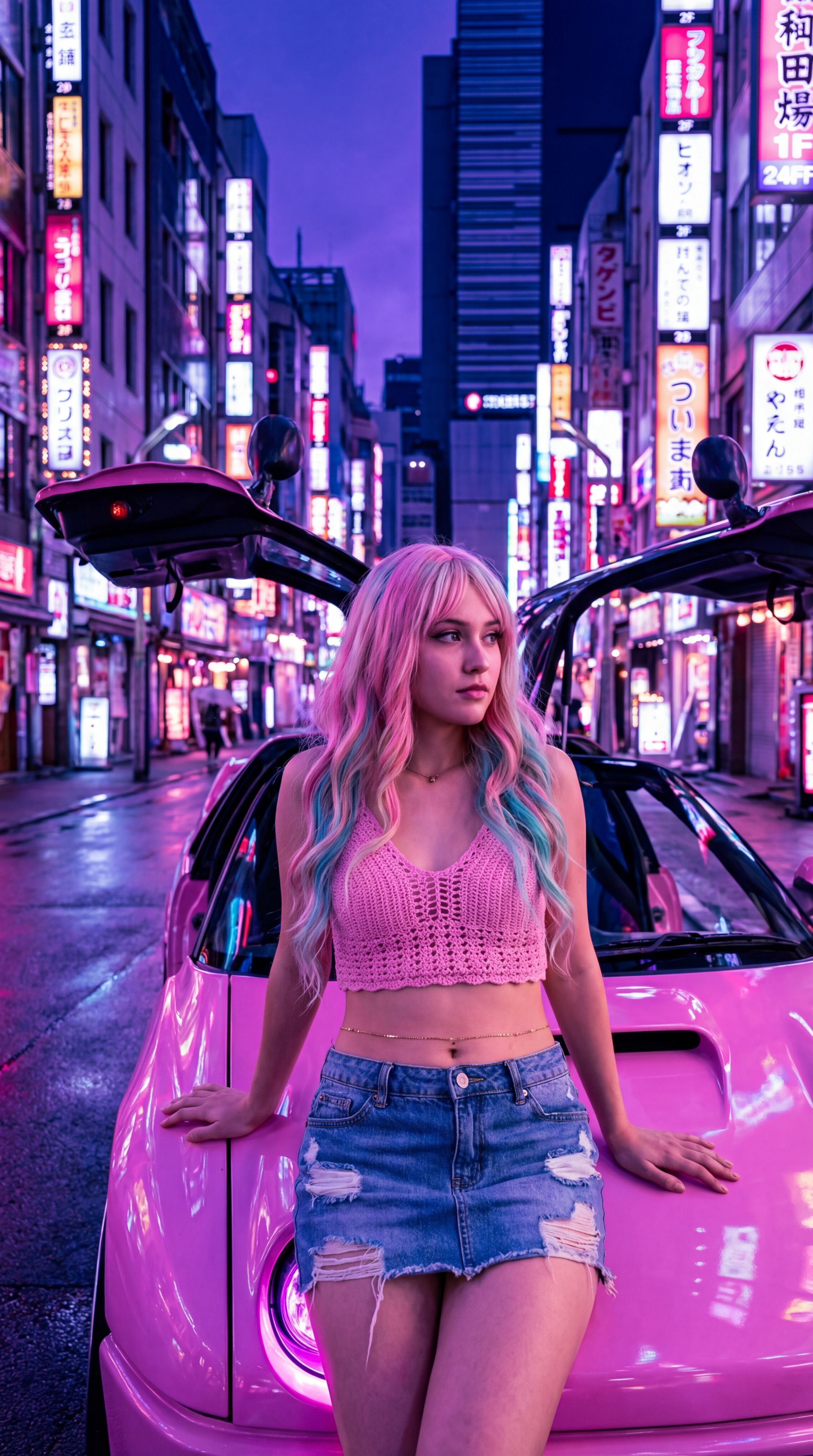 Tokyo Nightlife | Fashionable Goddess Against Pink Sports Car Hood
