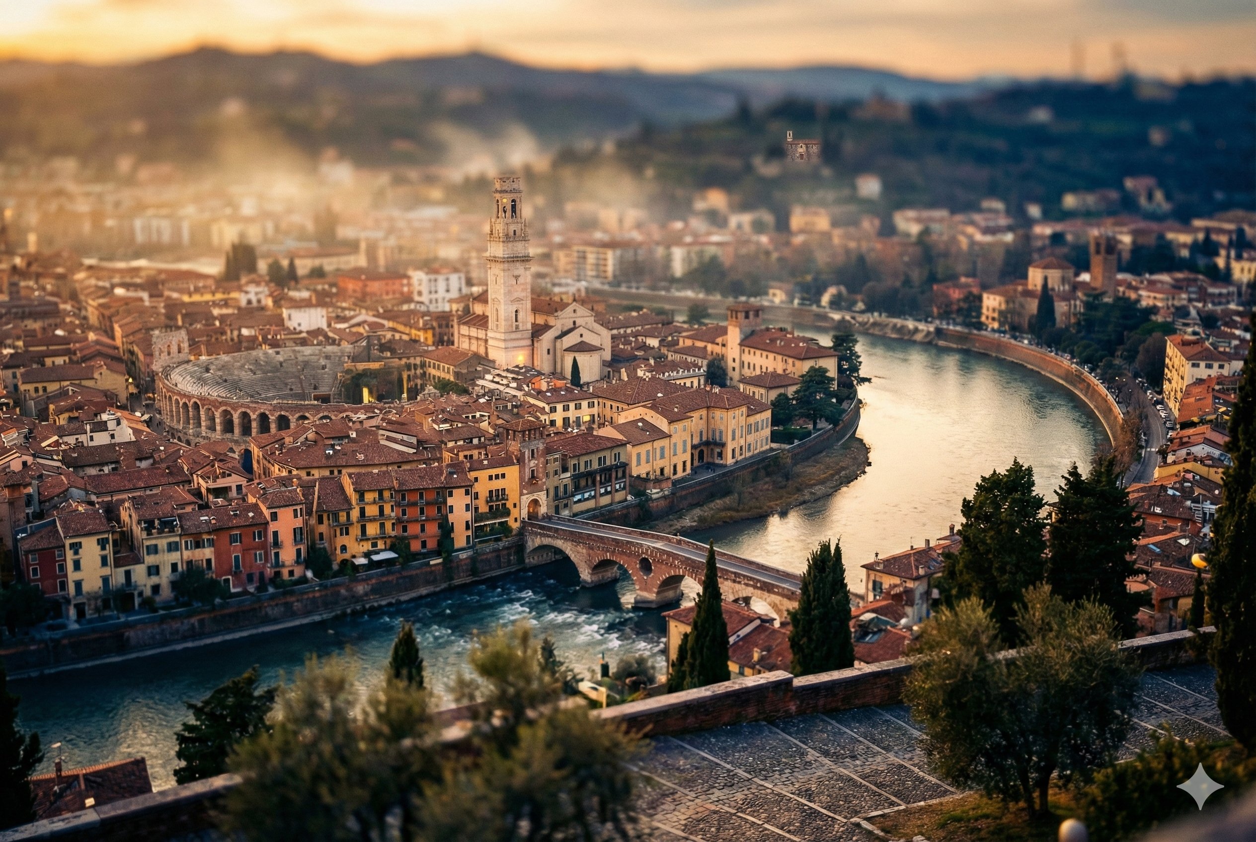 Masterpiece Tilt-Shift Photograph of Verona at Golden Sunset