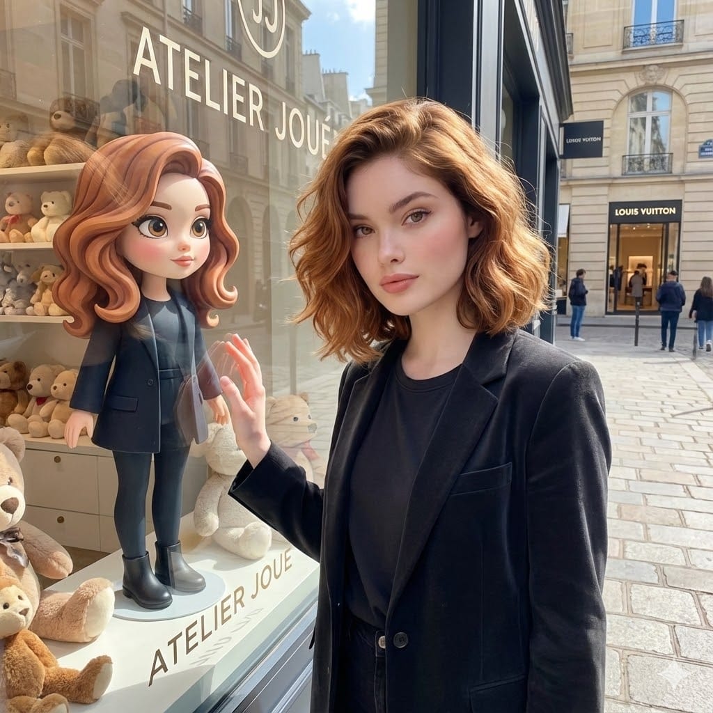 High-End Street Fashion Photo Outside a Luxury Toy Shop: Cartoonized Character Based on Reference Image