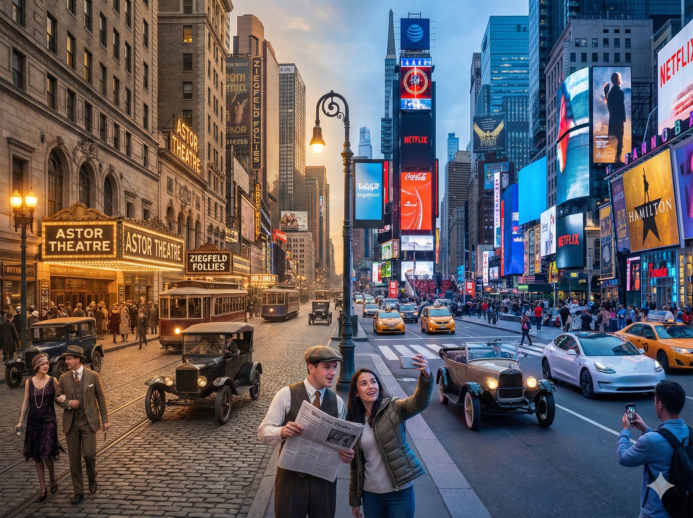 Time-Travel Contrast: 1920s vs. Present Day at Times Square, New York