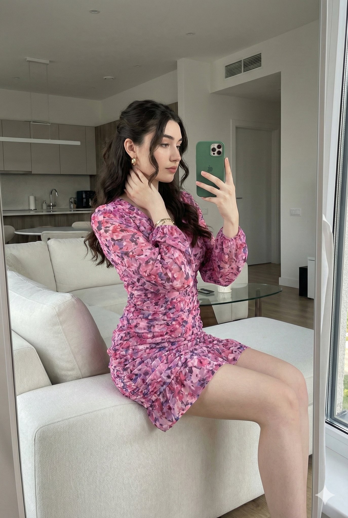 Young Woman Mirror Selfie in Modern Living Room