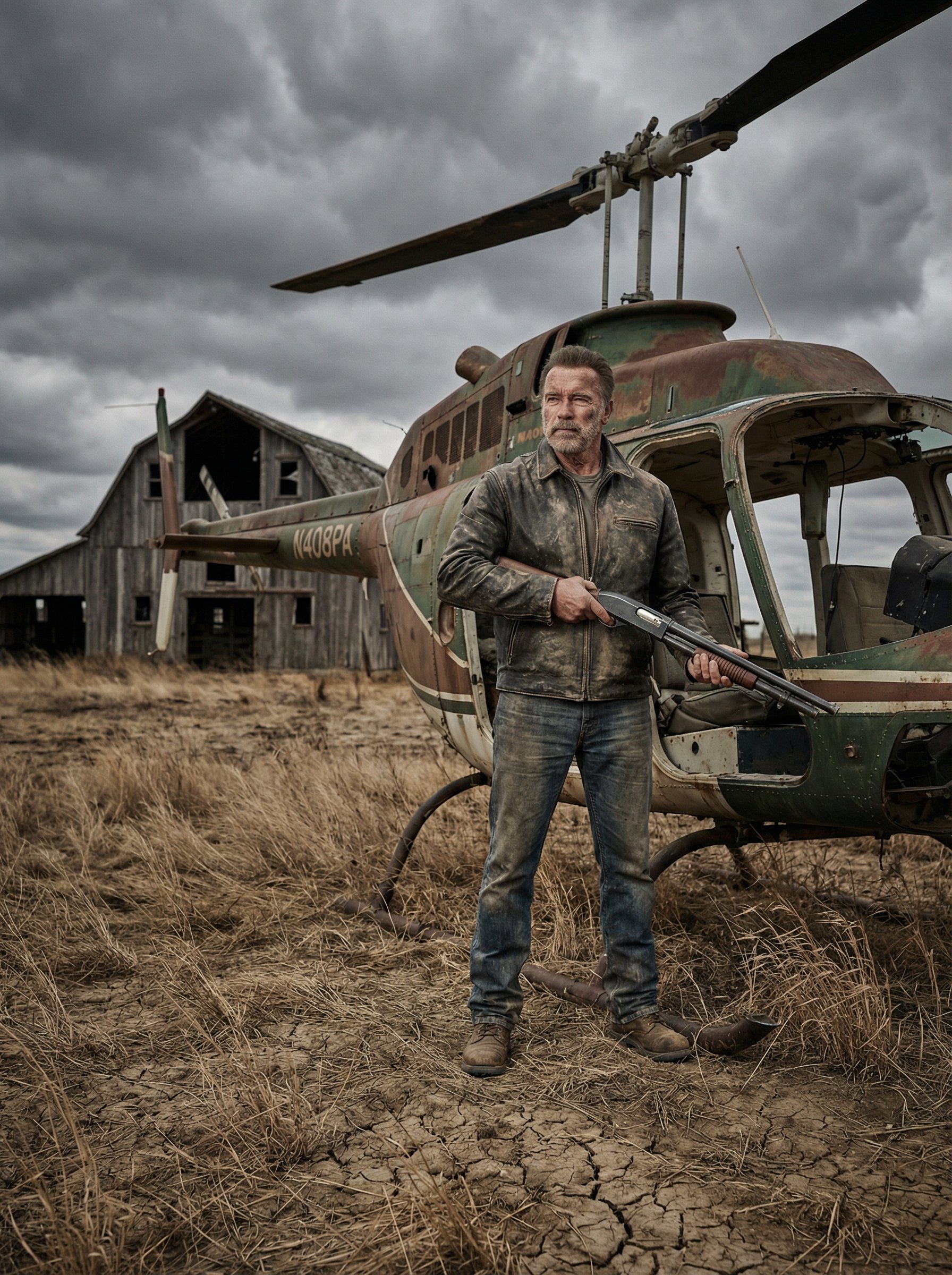 Cinematic Full-Body Portrait of a Rugged Man beside an Old Helicopter in a Deserted Farm